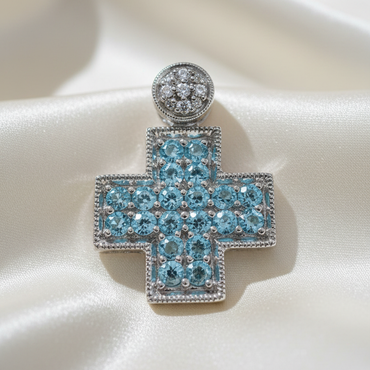14K white gold blue topaz and diamond square cross pendant, front view