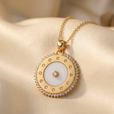 DOV white agate diamond medallion pendant with included chain, angled view