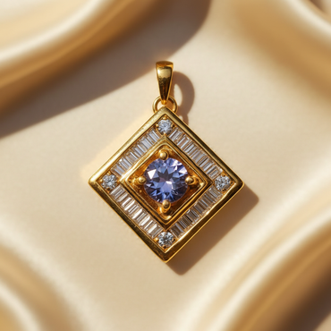 14K Yellow Gold Tanzanite & Diamond Geometric Pendant - Front View