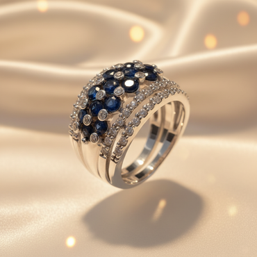 14K White Gold Blue Sapphire Cluster & Diamond Wide Dome Cocktail Ring - Three-Quarter View