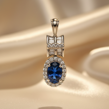 14K White Gold Oval Blue Sapphire & Diamond Pendant - Editorial Front