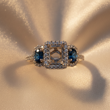 14K White Gold Sapphire & Diamond Three-Stone Halo Semi-Mount - editorial top down