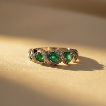 14K White Gold Emerald & Diamond Five-Stone Serpentine Ring - editorial elevated front