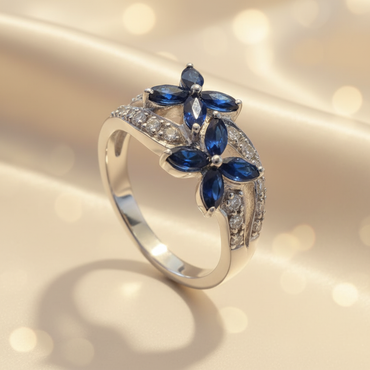 14K White Gold Double Marquise Blue Sapphire Flower Ring with Diamond Pavé Bypass Shank - Three-Quarter View