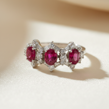 18K White Gold Three-Stone Ruby Diamond Ring - three quarter editorial