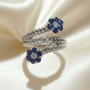 14K White Gold Blue Sapphire Flower Cluster Toi et Moi Bypass Ring — Top View