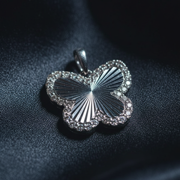 10K White Gold Diamond Butterfly Pendant – Diamond and Engraving Detail
