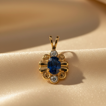 14K Yellow Gold Oval Sapphire & Diamond Pendant – Front View