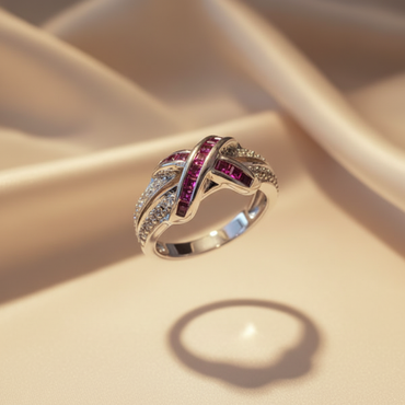 14K White Gold Ruby & Diamond Crossover Ring - Angle View