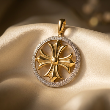 10K yellow gold diamond fashion cross pendant, angled view on cream satin