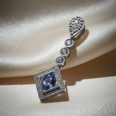 14K White Gold Diamond & Oval Tanzanite Art Deco Drop Pendant - Angle View