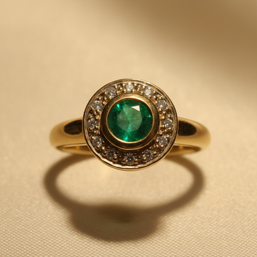 14K Yellow Gold Round Emerald & Diamond Halo Ring - editorial top down