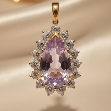 10K yellow gold pear-cut amethyst and diamond starburst halo pendant, top-down view