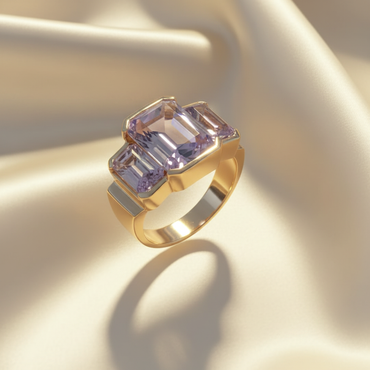 10K Yellow Gold Three-Stone Bezel Amethyst Ring — Top View