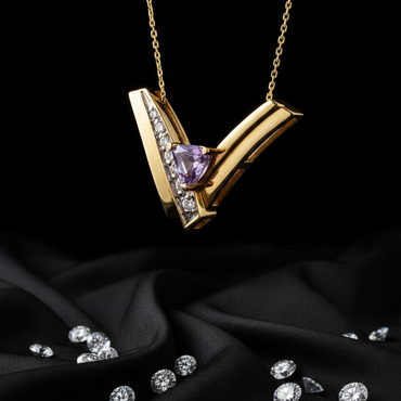 14K Yellow Gold Trillion Amethyst Diamond Chevron Necklace - Three-Quarter Angle