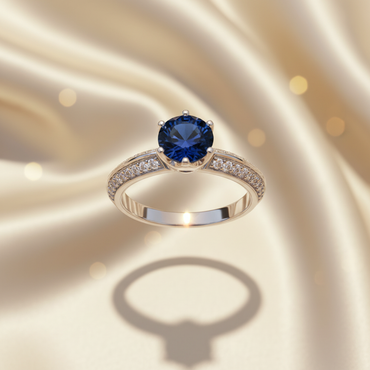 14K White Gold Blue Sapphire Solitaire Ring with Diamond Pavé Band - Top Down View