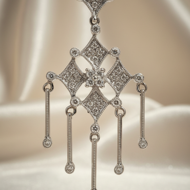 14K white gold .35ctw diamond art deco chandelier pendant, top-down view