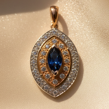 14K White & Rose Gold Marquise Sapphire & Diamond Double Halo Pendant – Front View