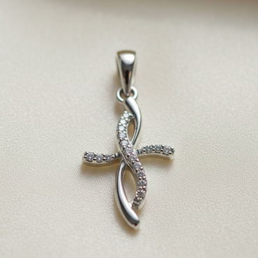 10K White Gold 1/20ctw Diamond Ribbon Twist Cross Pendant - angle 3