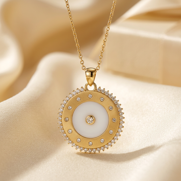 DOV 18K yellow gold white agate diamond medallion pendant with included chain