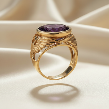 14K Yellow Gold Oval Amethyst Eagle Wing Ring — Side View
