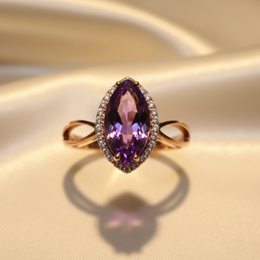 14K Rose Gold Marquise Amethyst and Diamond Halo Ring - front view