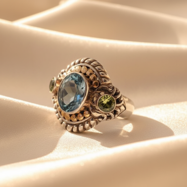 Sterling Silver 18K Yellow Gold Blue Topaz and Peridot Ring - editorial three-quarter