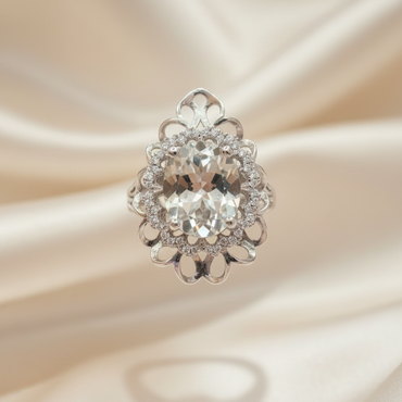 Sterling Silver White Topaz Filigree Halo Ring – Front View