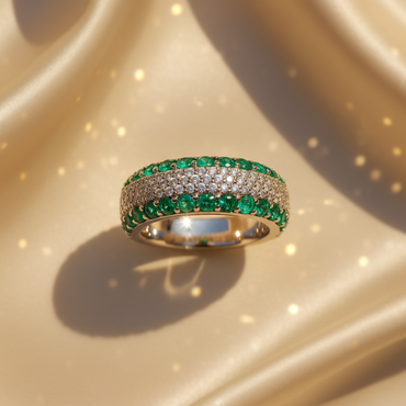 14K White Gold Emerald & Diamond Wide Dome Band - editorial top down