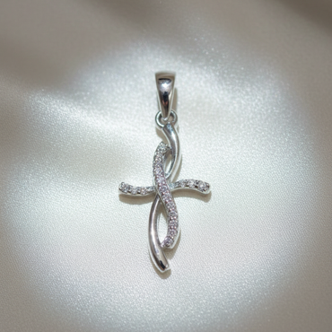 10K White Gold 1/20ctw Diamond Ribbon Twist Cross Pendant - angle 1