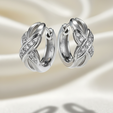 14K White Gold Brushed X Diamond Hoop Earrings – Three-Quarter View