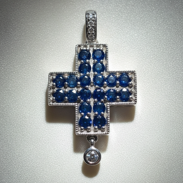 14K white gold blue sapphire and diamond cross pendant, front view