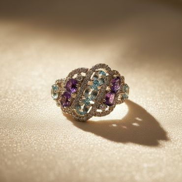 Sterling silver amethyst and aquamarine multi-stone ring - editorial marketing image 3