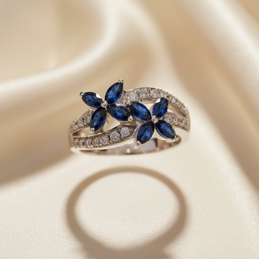 14K White Gold Double Marquise Blue Sapphire Flower Ring with Diamond Pavé Bypass Shank - Top Down View