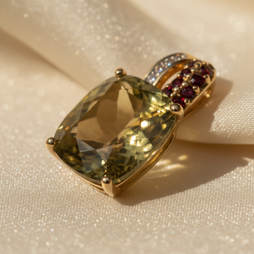 14K Yellow Gold Olive Quartz & Garnet Pendant - Bail Macro View
