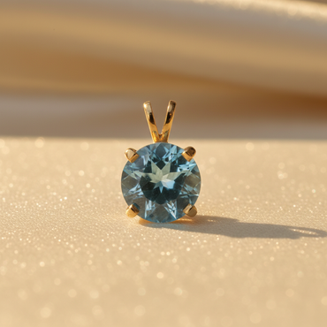 14K yellow gold 3.69CT blue topaz solitaire pendant, elevated front angle