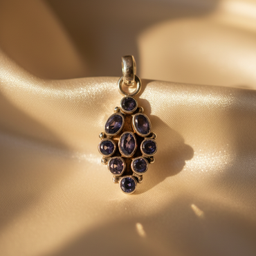 Sterling silver iolite 9-stone cluster pendant - editorial marketing image 3
