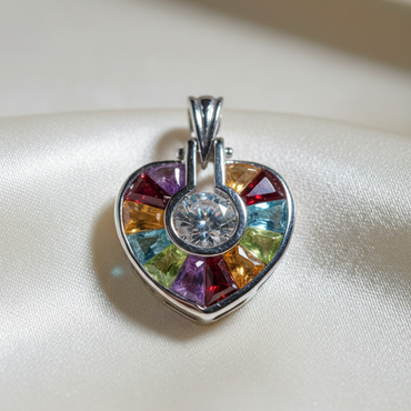 14K white gold multi-gemstone heart pendant with CZ center, front view
