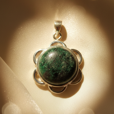 Sterling silver zoisite flower pendant - editorial marketing image 3