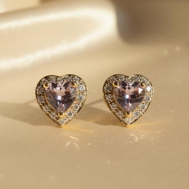 14K Yellow Gold Heart Amethyst & Diamond Earrings - editorial front