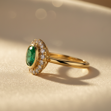 14K Yellow Gold Round Emerald & Diamond Halo Ring - editorial side profile