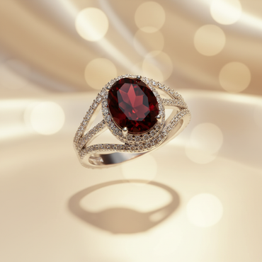 14K White Gold Oval Garnet & Diamond Halo Split Shank Ring - Top View