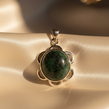 Sterling silver zoisite flower pendant - editorial marketing image 2