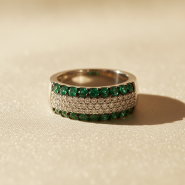 14K White Gold Emerald & Diamond Wide Dome Band - editorial close up