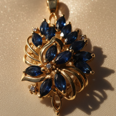 14K Yellow Gold Marquise Sapphire & Diamond Freeform Cluster Pendant – Detail View