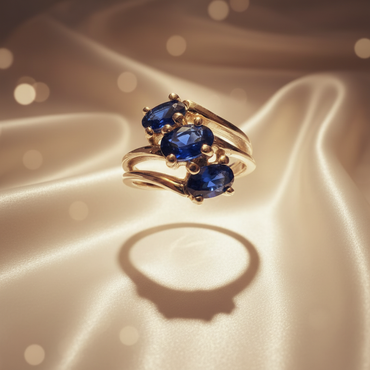 14K White Gold Three-Stone Oval Blue Sapphire Ring - Front View