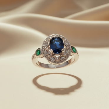 14K White Gold Oval Blue Sapphire & Emerald Vintage Halo Ring - Front View