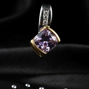 10K Two-Tone Gold Cushion Amethyst Diamond Pendant - Front Close-Up
