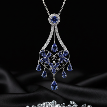 14K White Gold Tanzanite Diamond Chandelier Necklace - Front Close-Up