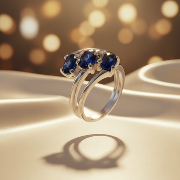 14K White Gold Three-Stone Oval Blue Sapphire Ring - Three-Quarter View